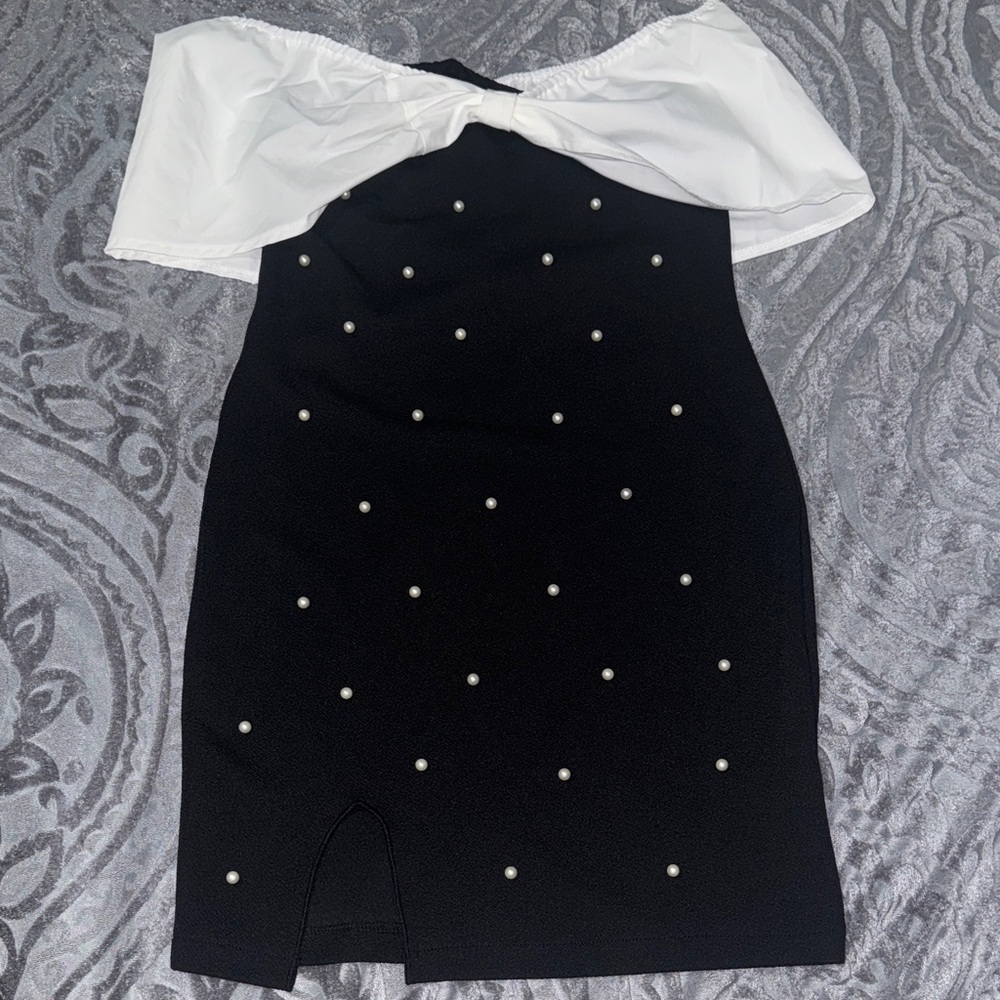 SHEIN Black and White Mini Dress with Pearl Accents